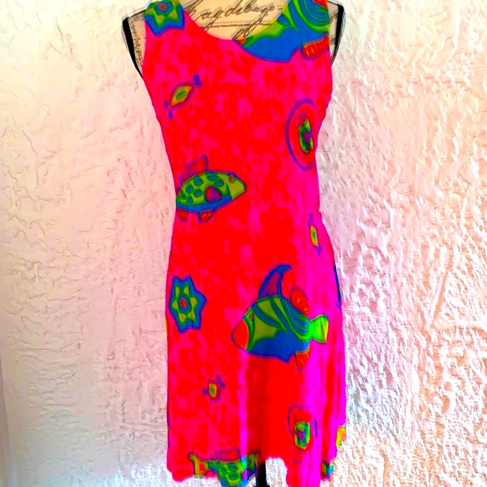 🏝Bright Pink Tie Dye Tropical Fish Print Beach Dress